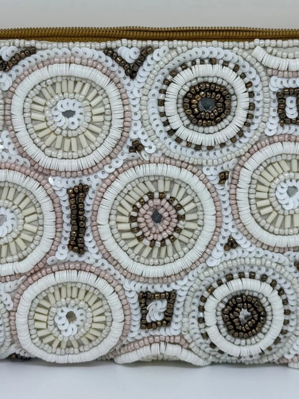 The Club Bag from Bamboo Trading Co. Beaded. White & Gold for Phone and Wallet
